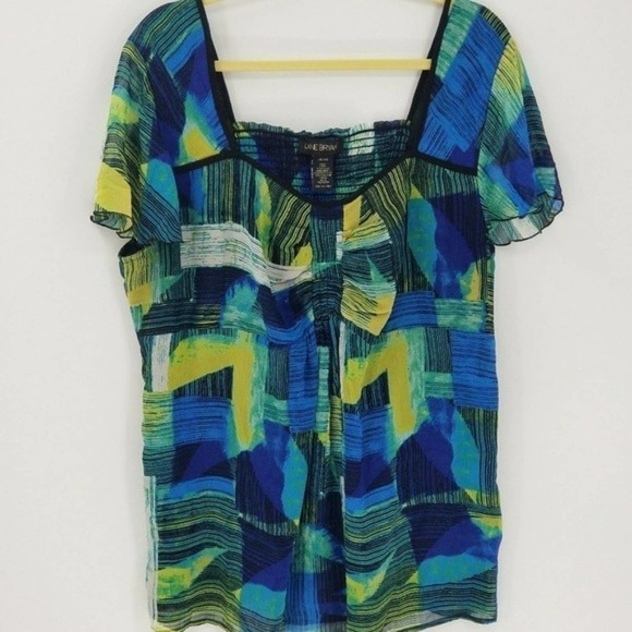 Lane Bryant Blue Green Black Flutter Sleeve Geometric Print Blouse Size 18/20 - Picture 1 of 4